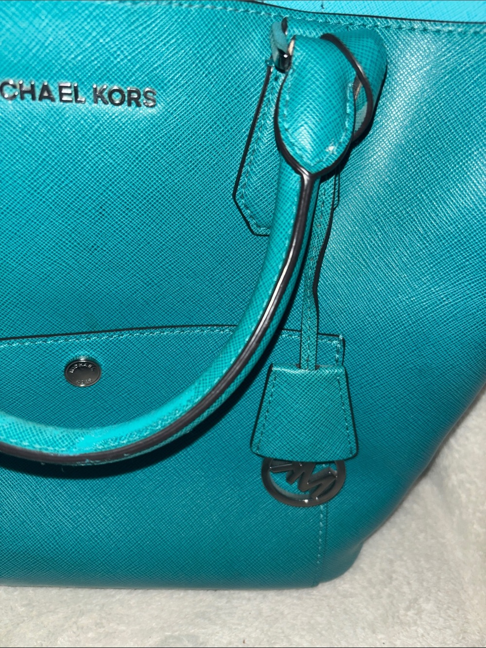 Michael Kors Turquoise Saffiano Leather Tote with Logo Charm - Picture 2 of 4